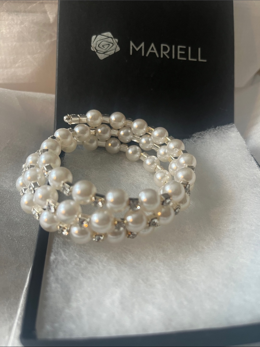 Classic White Pearl Coil Bracelet with Rhinestone Accents